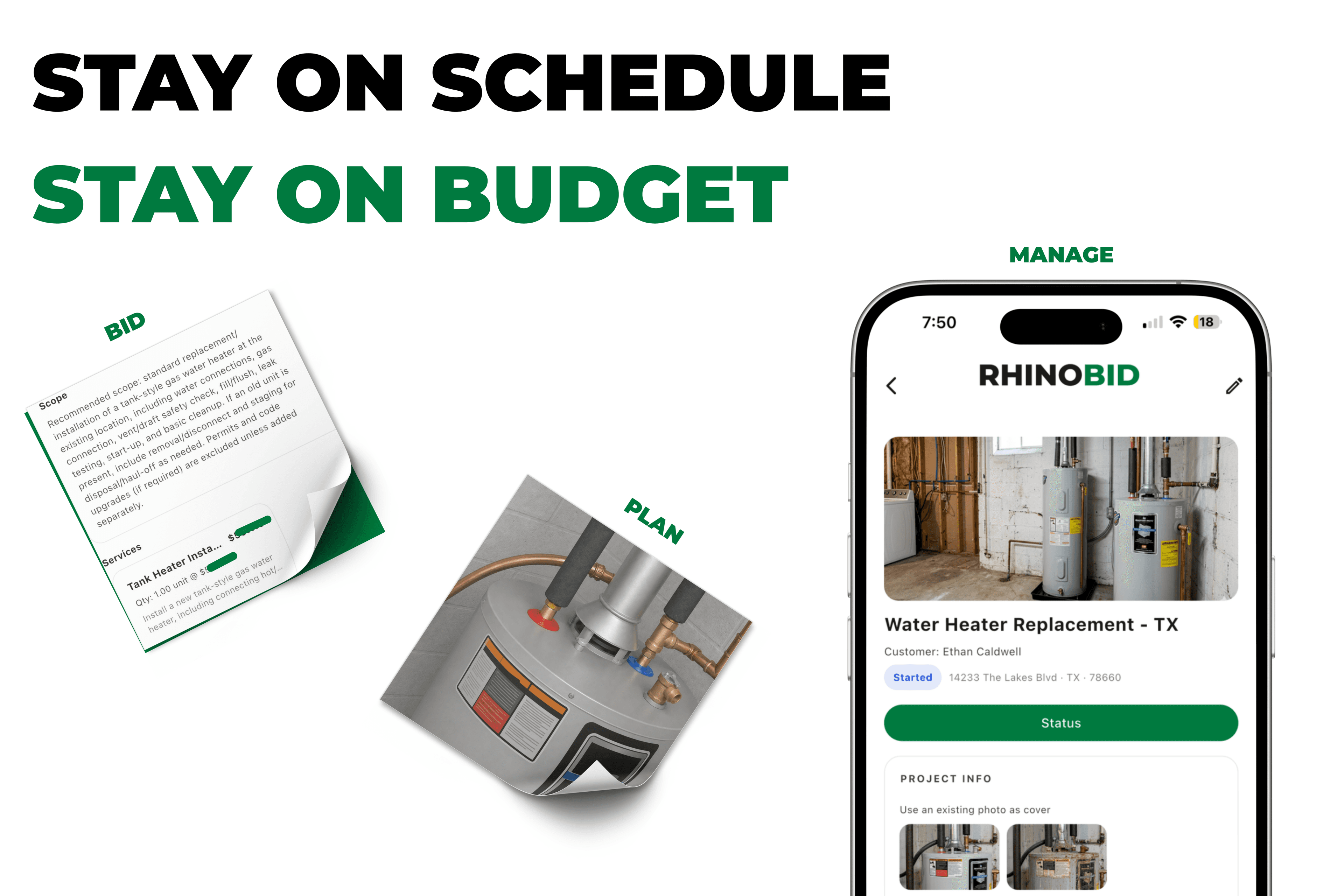 RhinoBid project management dashboard showing organized jobs, progress tracking, and cost control