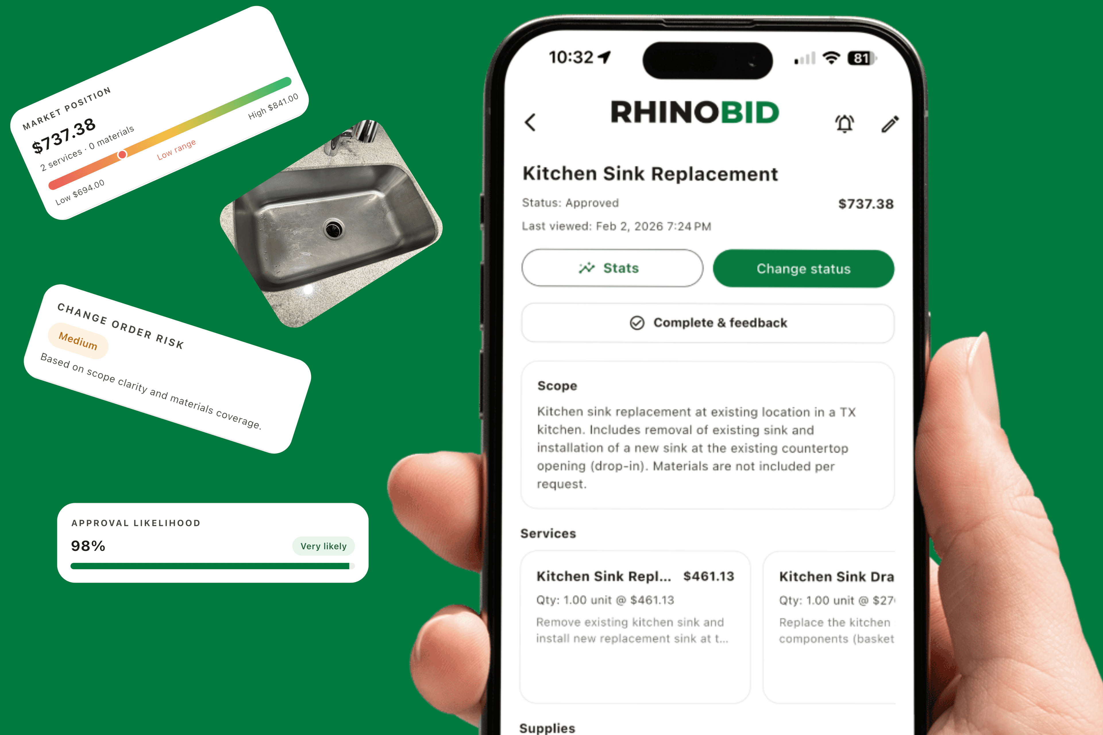 Rhino Bid bid section with market position, risk, project photos, and approval widgets