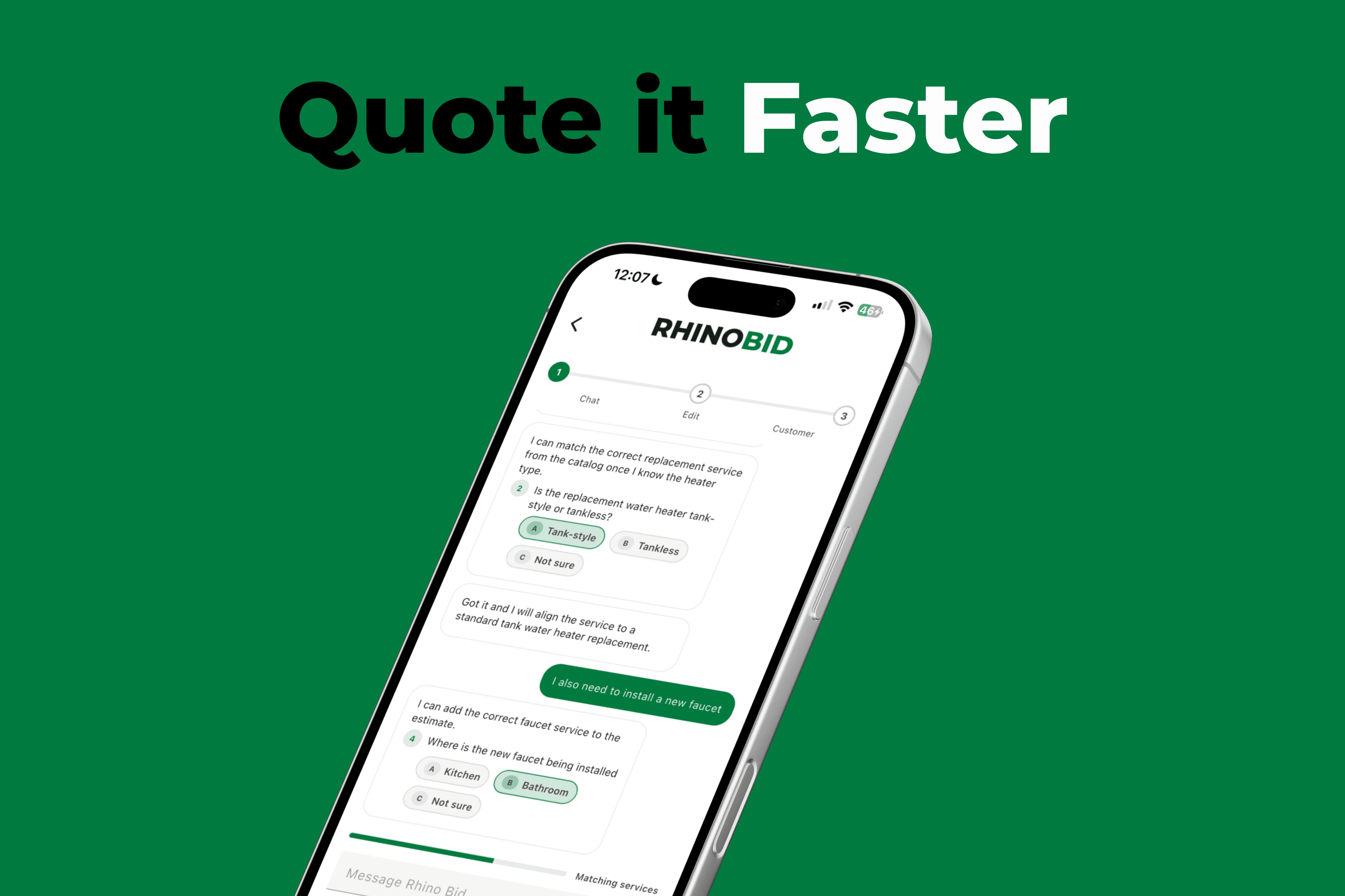 Rhino Bid app with the AI quoting system and quote it faster flow